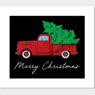 Merry Christmas Retro Vintage Red Truck Posters and Art